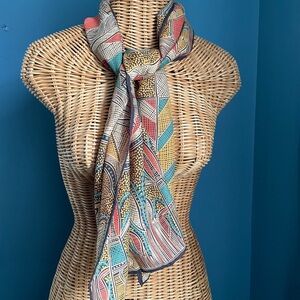 Nik Nik Vintage Rectangular Scarf Stylized Birds Gold Green Brown Orange 13x52